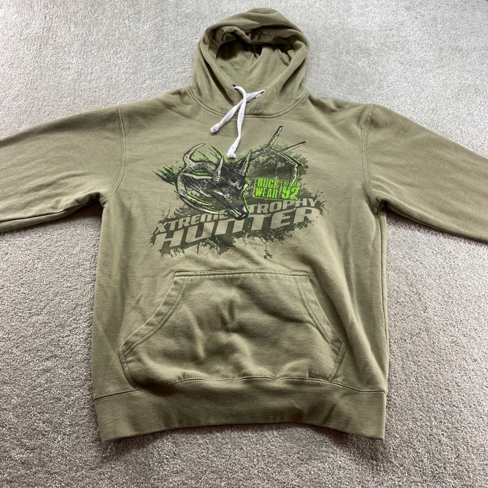 Buck‎ Wear Extreme Trophy Hunter Kids Large Olive Green Excellent Graphic Hoodie
